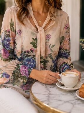 Zara Floral Sheer Tie Neck Blouse L Cream Pink Blue Long Sleeve Boho